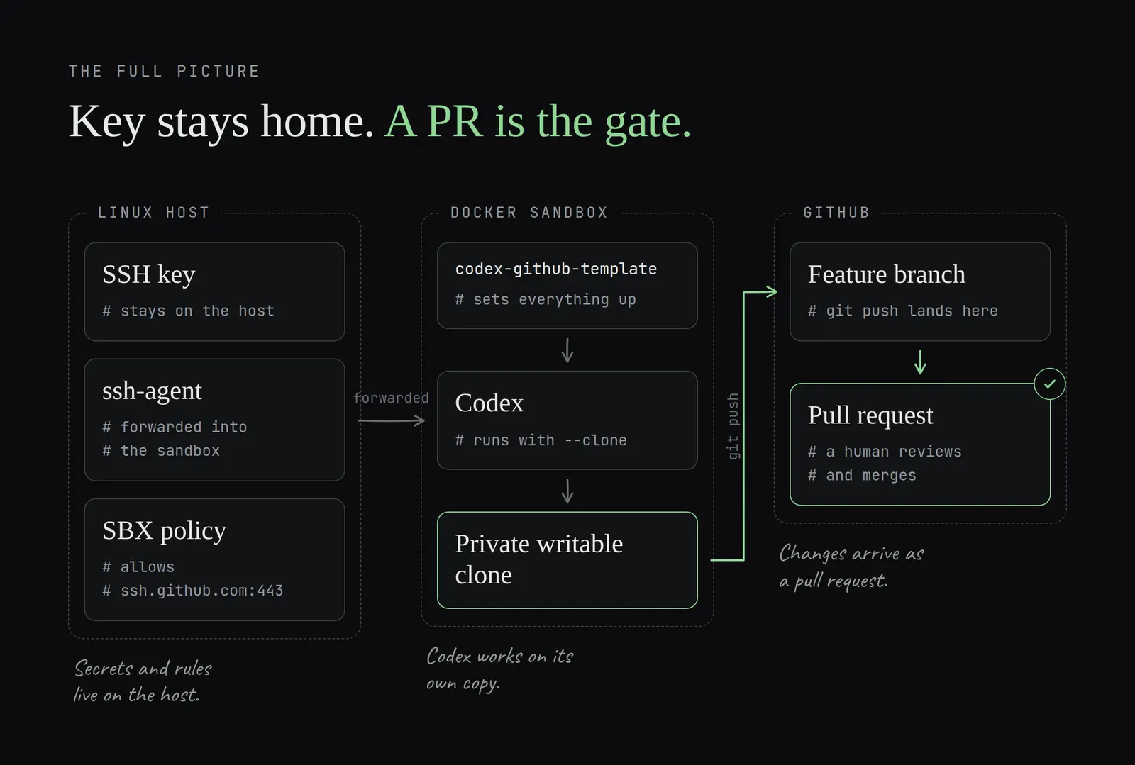 The full setup: the SSH key, ssh-agent and sandbox policy stay on the Linux host, Codex works on a private clone inside the Docker sandbox using codex-github-template, and git push lands on a feature branch that goes through a pull request