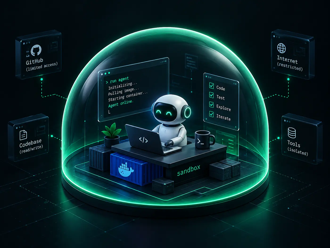 Illustration of an AI coding agent running inside a protected Docker sandbox